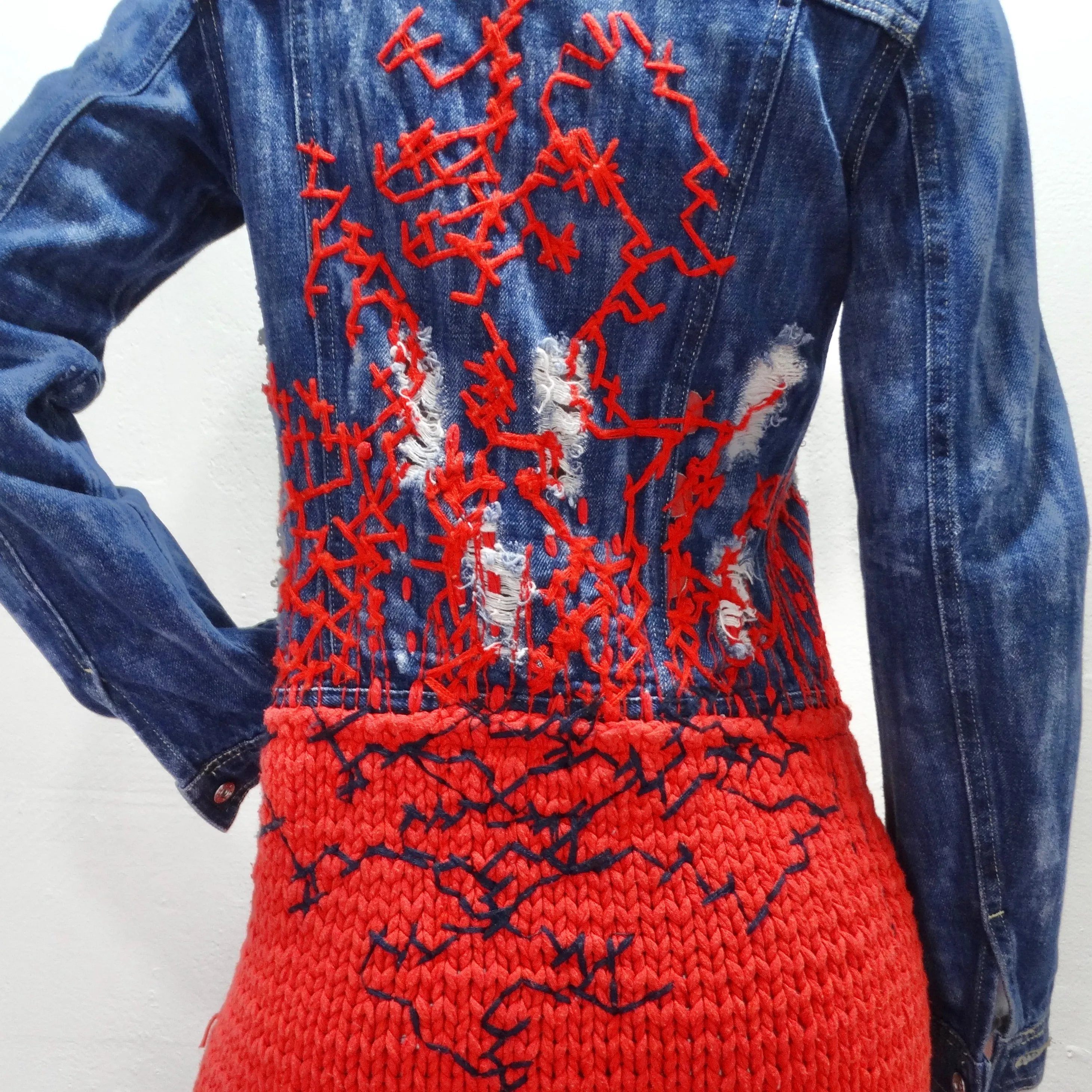 2000s Red Knit Denim Jacket