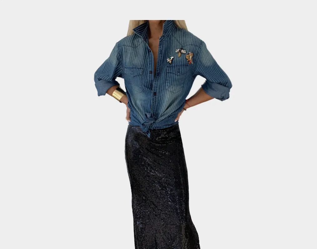 4. Denim Striped Jeweled Shirt - The St. Barth