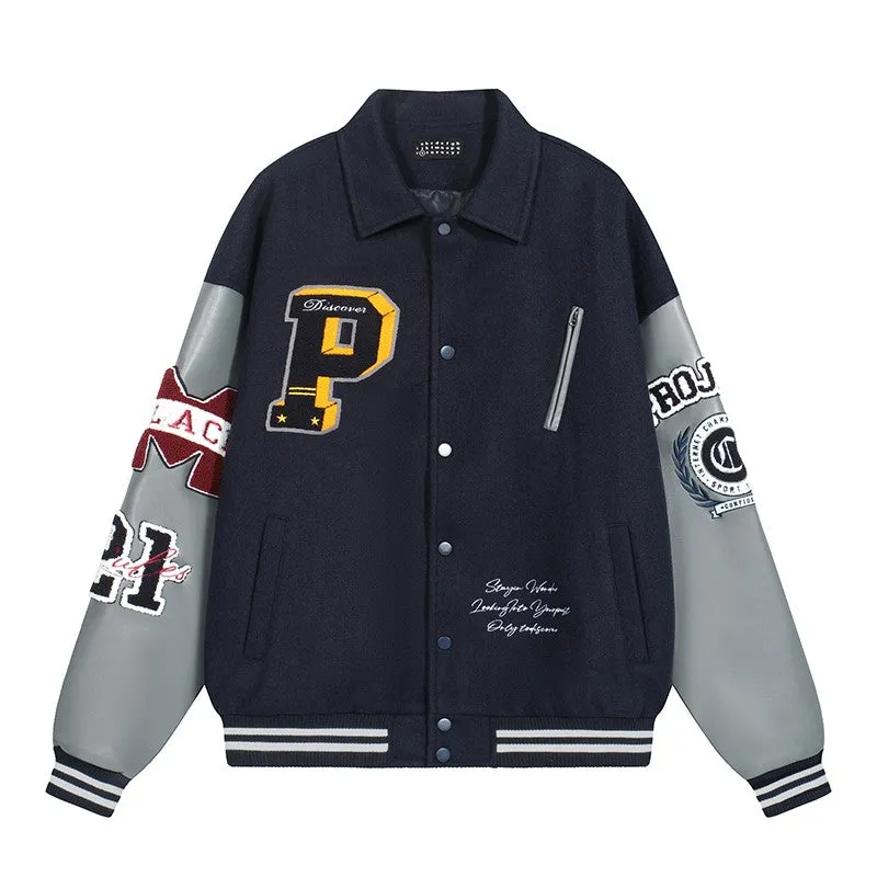 Badge towel embroidery lapel jacket men's trendy high-end baseball jacket