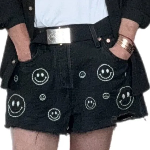Black Denim Hand Embroidered Shorts - Levi’s 501