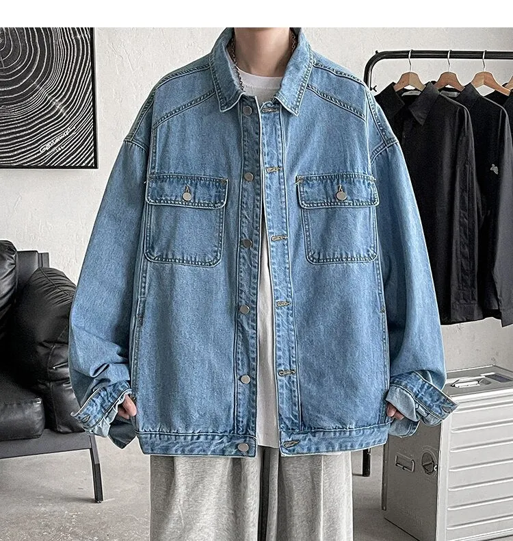 Bonsir Men's Fashion Trend Pure Color Blue Denim Jackets Loose Casual Long Sleeve Outerwear Pocket Popular Coats Plus Size M-2XL