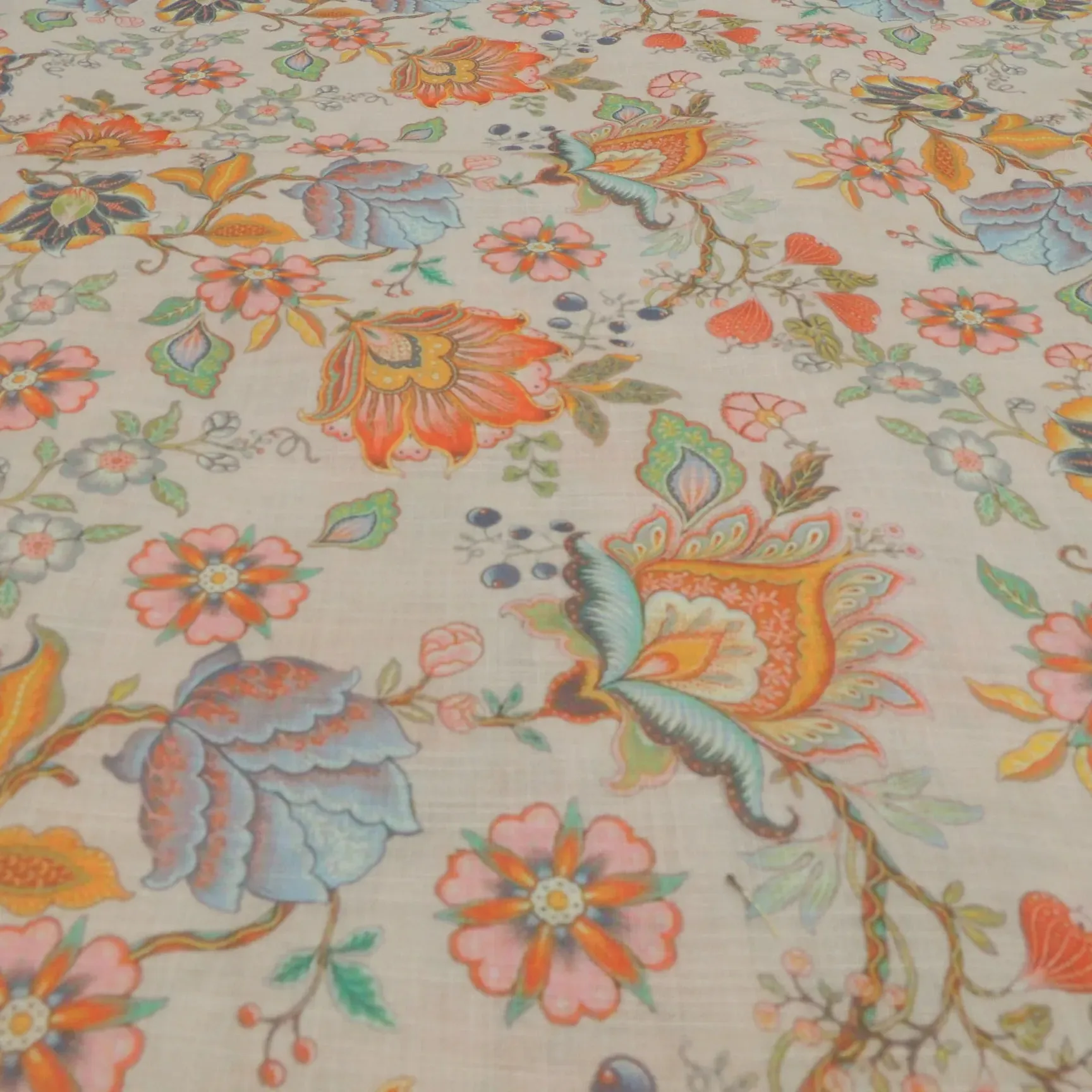 Cream Floral Digital Print On Cotton Linen Fabric
