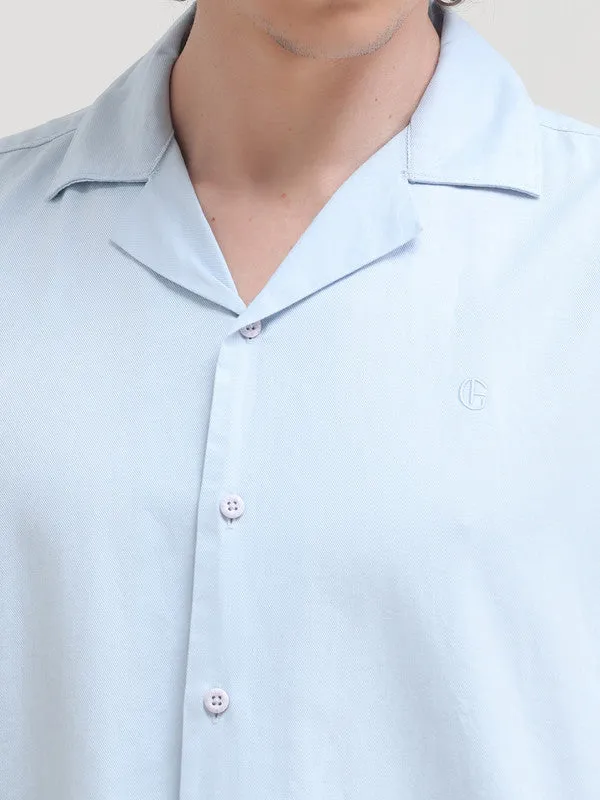 Cuban Collar Sky Blue Regular Fit Short Sleeve Shirt