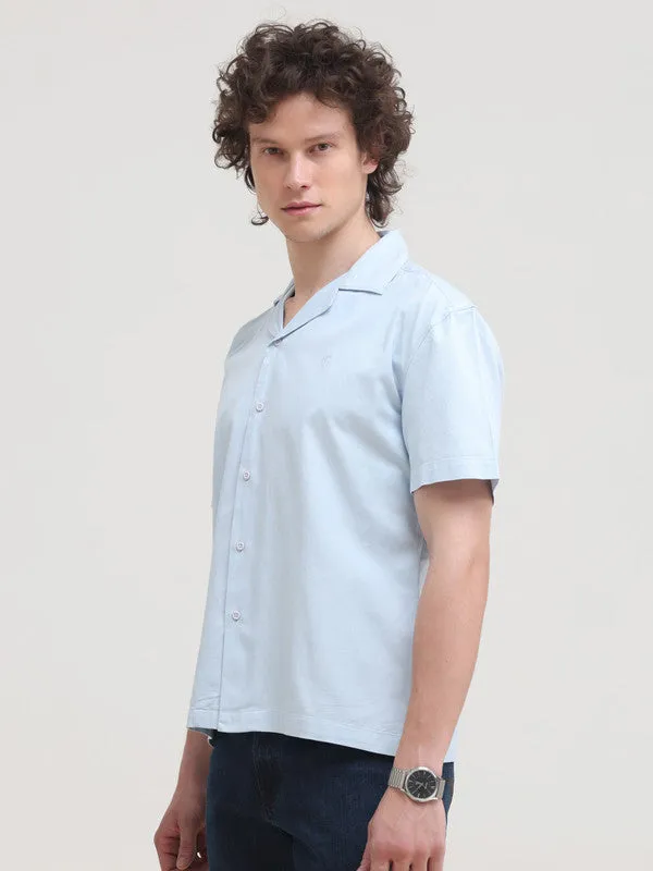 Cuban Collar Sky Blue Regular Fit Short Sleeve Shirt