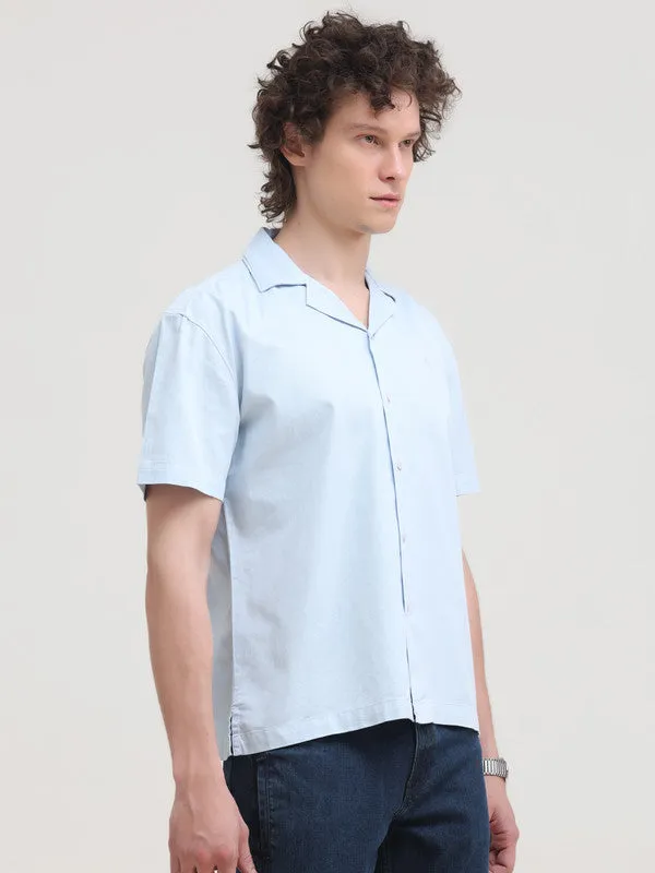 Cuban Collar Sky Blue Regular Fit Short Sleeve Shirt