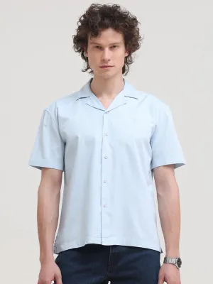 Cuban Collar Sky Blue Regular Fit Short Sleeve Shirt