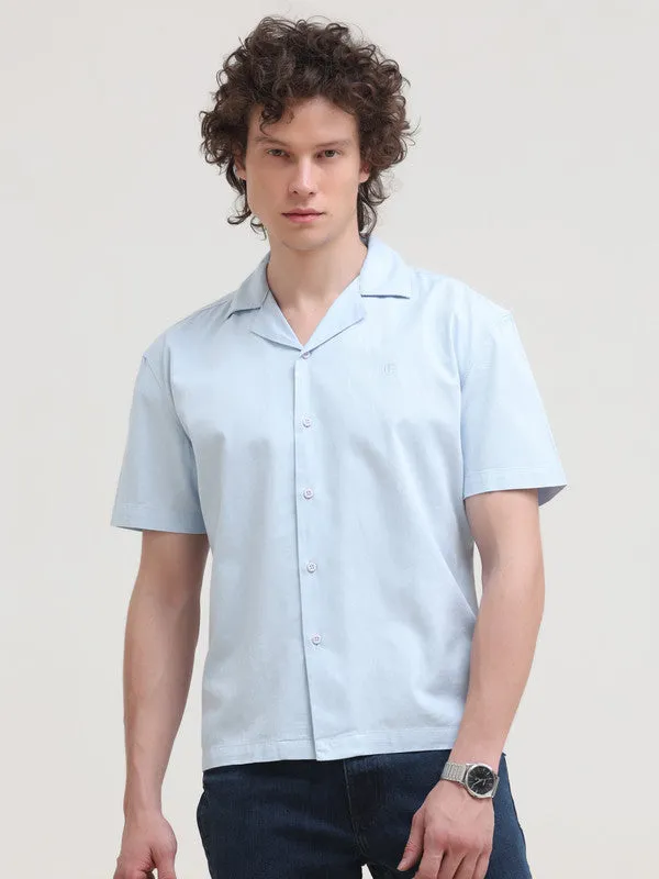 Cuban Collar Sky Blue Regular Fit Short Sleeve Shirt