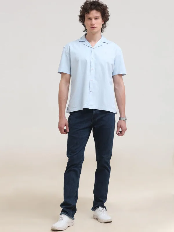 Cuban Collar Sky Blue Regular Fit Short Sleeve Shirt