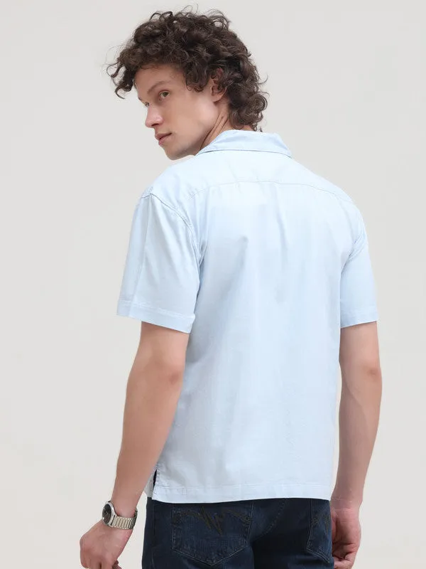 Cuban Collar Sky Blue Regular Fit Short Sleeve Shirt