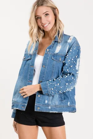 Custom Distressed Pearl Sleeve Denim Jacket