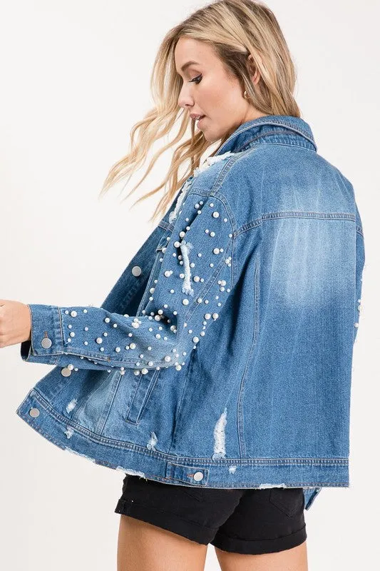 Custom Distressed Pearl Sleeve Denim Jacket