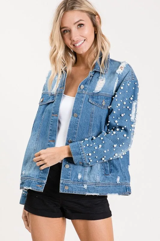 Custom Distressed Pearl Sleeve Denim Jacket