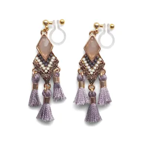 Dangle gold ethnic gray rhinestone and tassel invisible clip on earrings