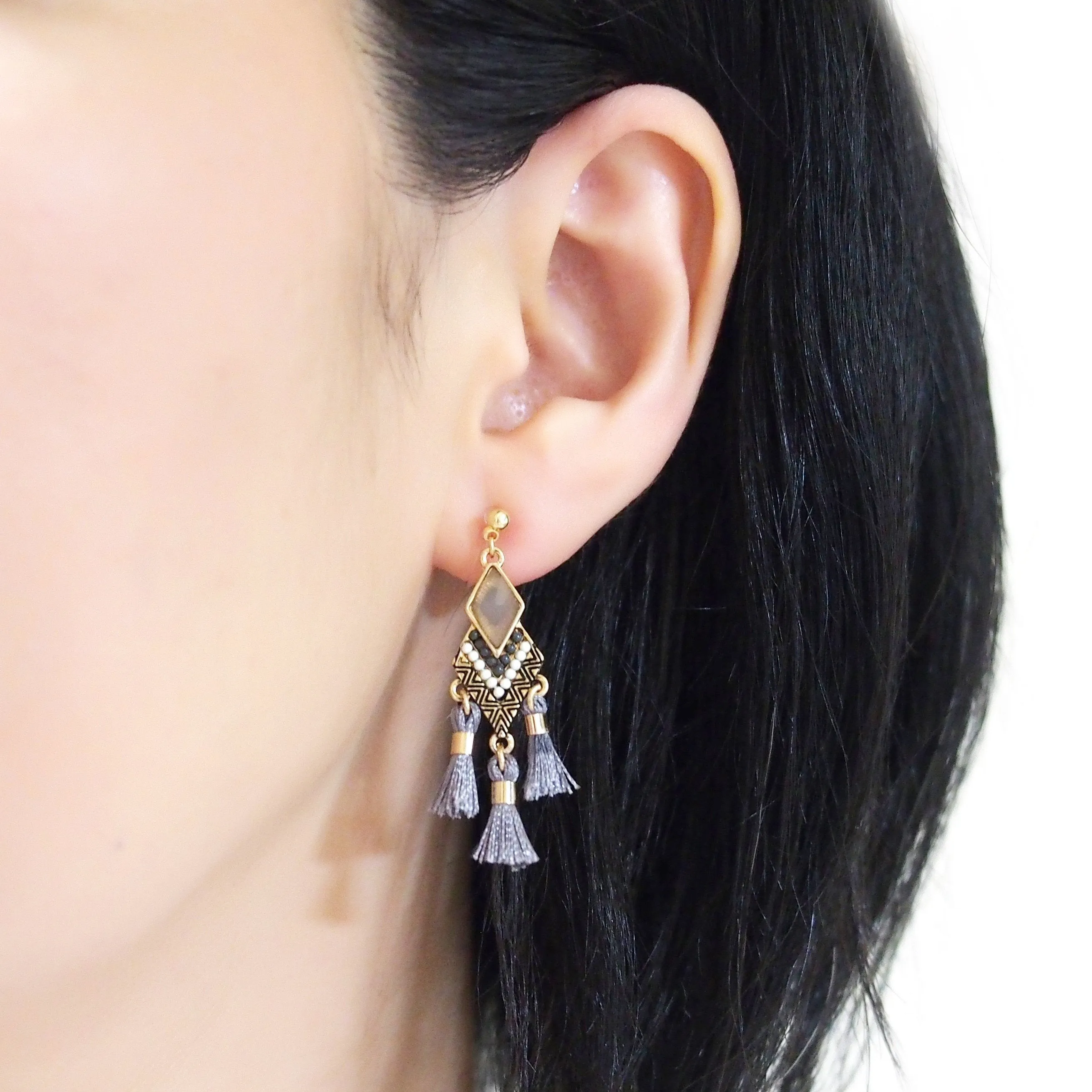 Dangle gold ethnic gray rhinestone and tassel invisible clip on earrings