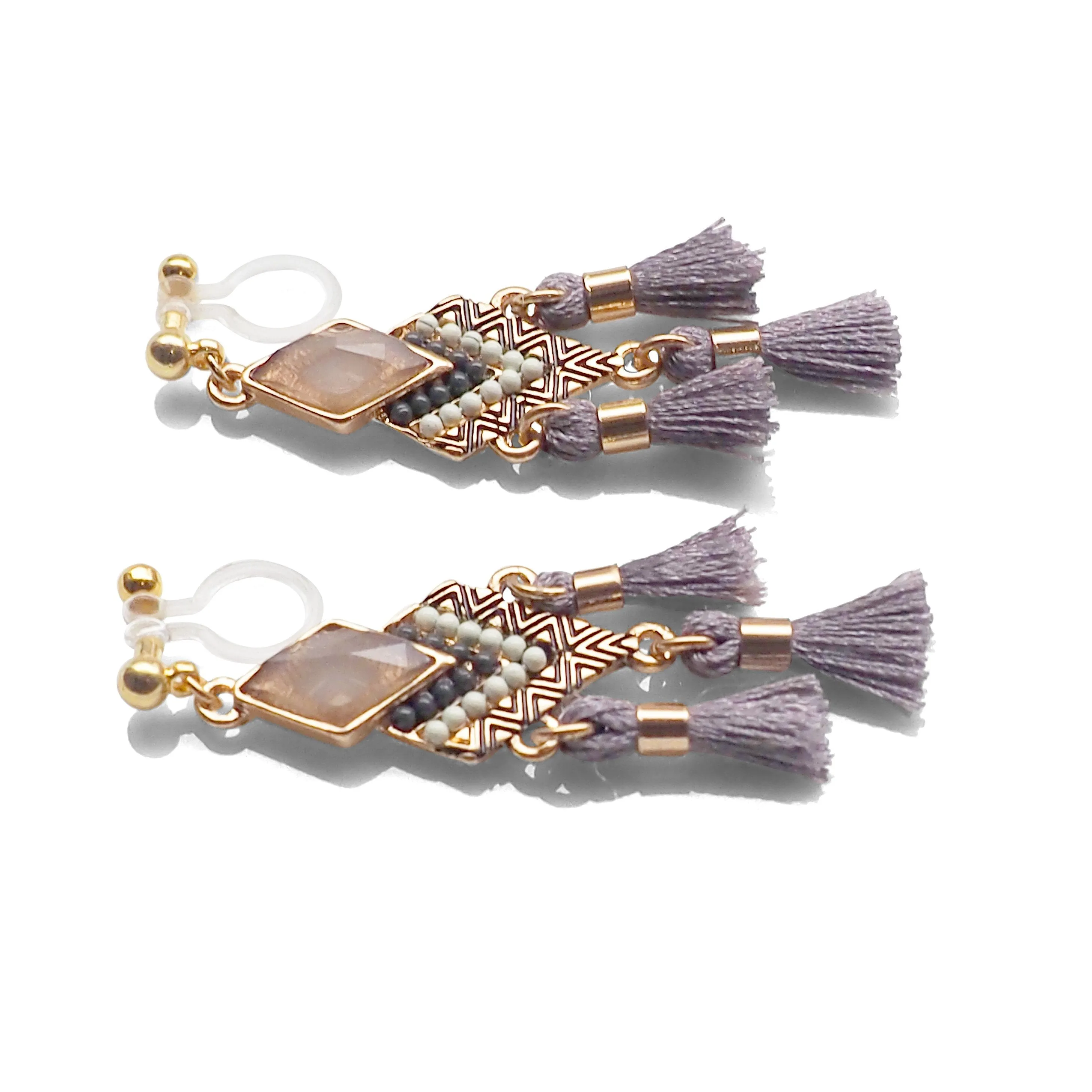 Dangle gold ethnic gray rhinestone and tassel invisible clip on earrings
