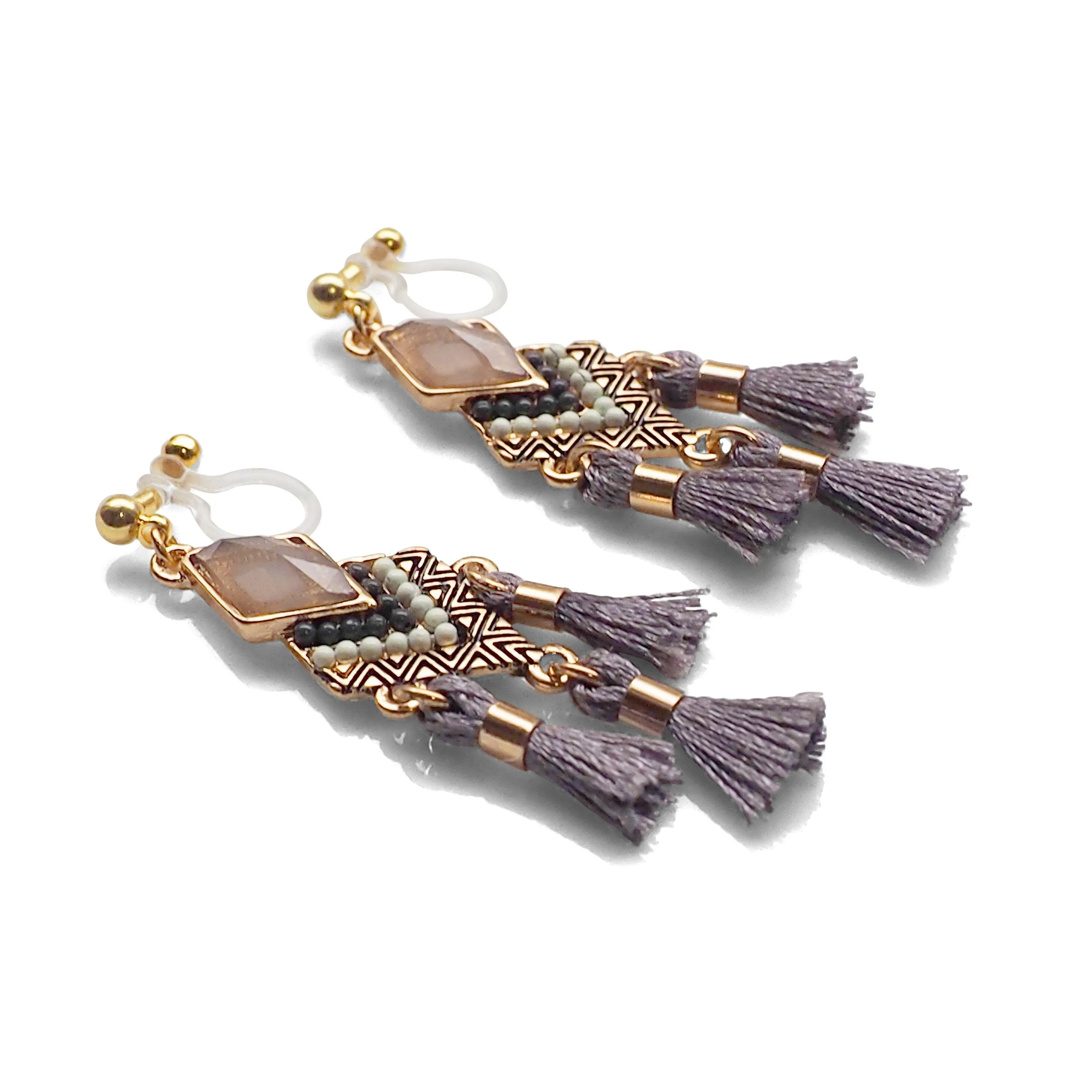 Dangle gold ethnic gray rhinestone and tassel invisible clip on earrings