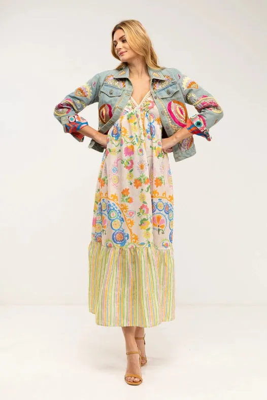 Denim Jacket With Embroidered Details, Rhinestones And Sequins With Printed Lining