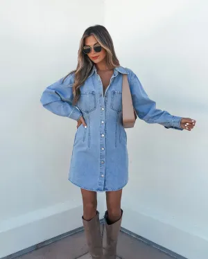 Denim Long Sleeve Button Down Mini Dress - FINAL SALE