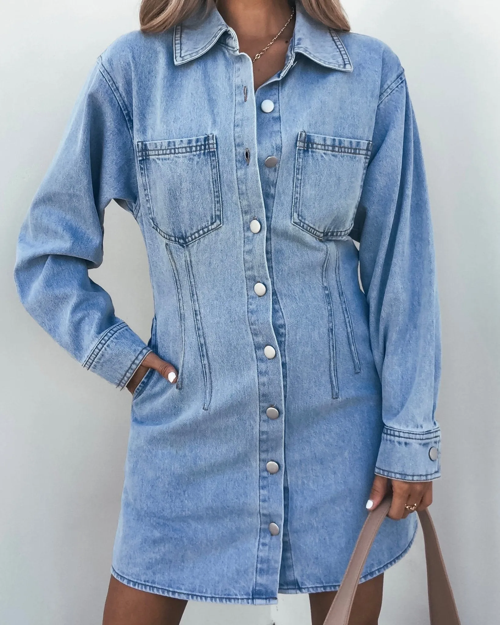Denim Long Sleeve Button Down Mini Dress - FINAL SALE