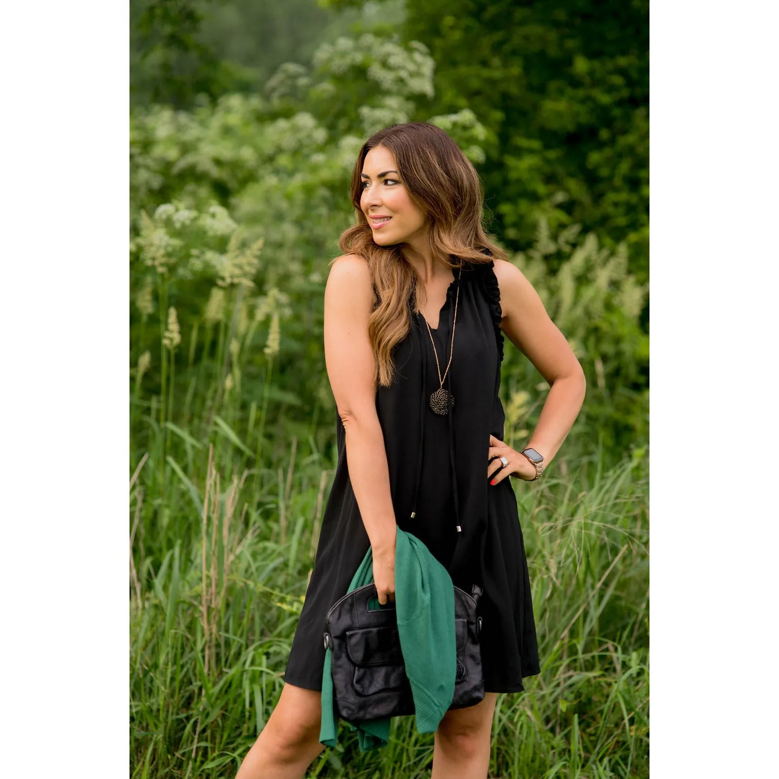 Double Ruffle Front Tie V Neck Tank Dress