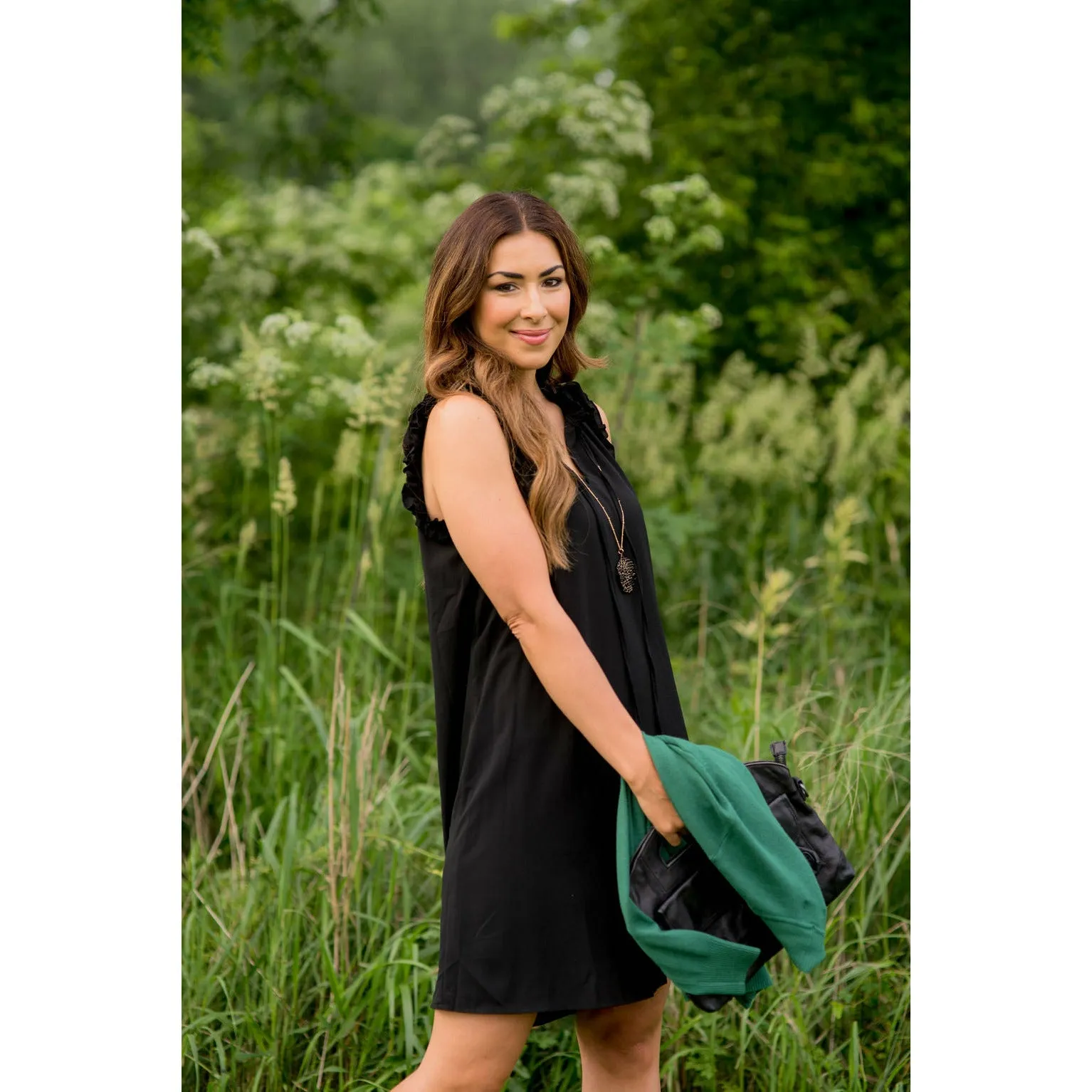 Double Ruffle Front Tie V Neck Tank Dress