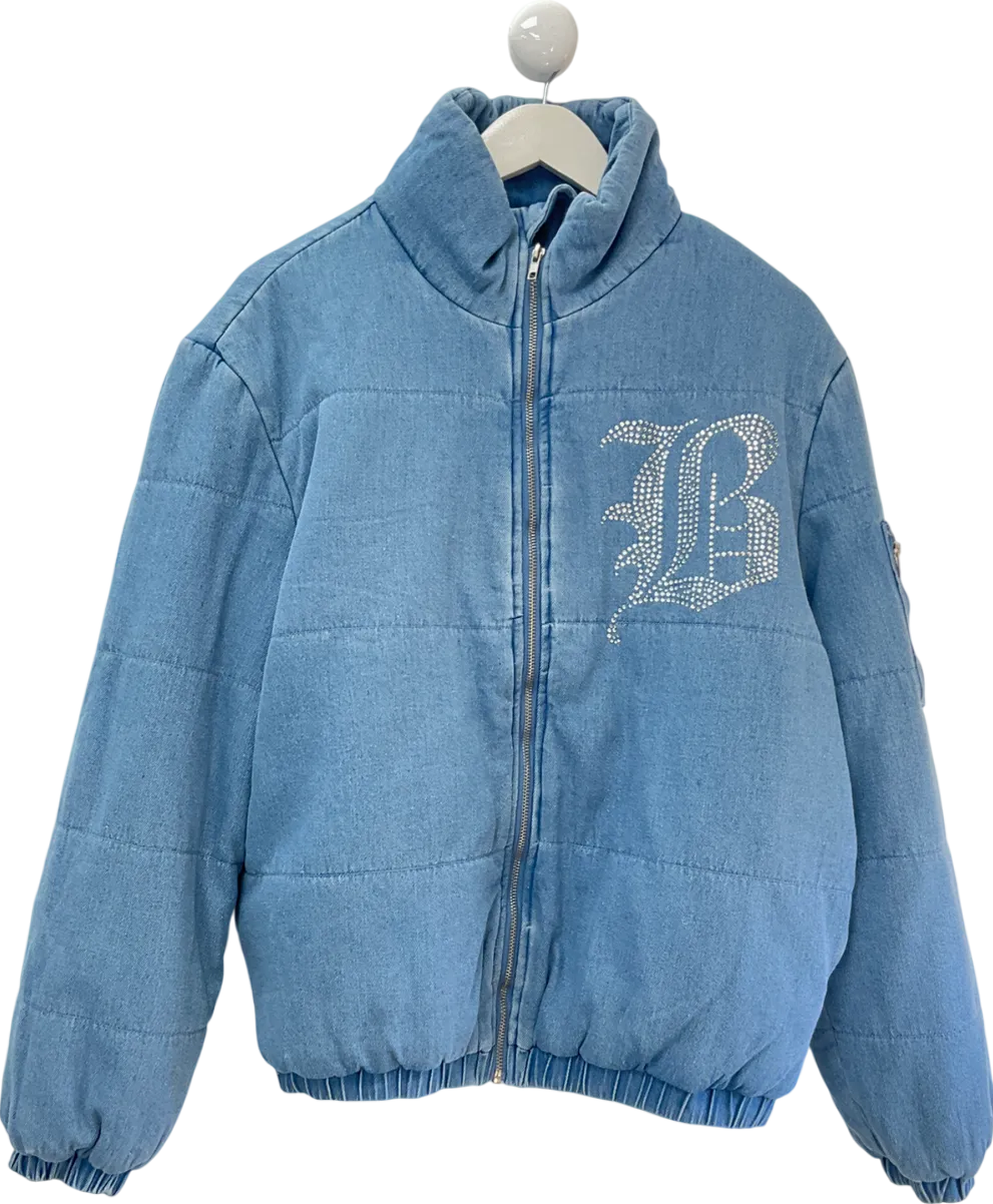 Fashion Nova Blue Brooklyn Bling Denim Puffer Jacket UK M