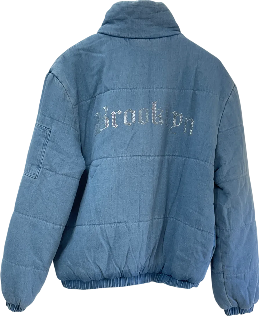 Fashion Nova Blue Brooklyn Bling Denim Puffer Jacket UK M