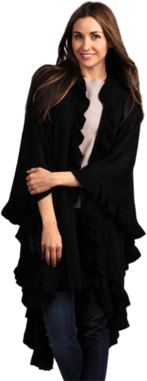 Fennco Styles Women's Ruffle Trim Knit Open Front Poncho Cape Shawl - Fall Wrap Jacket, Cozy and Stylish Layering Piece