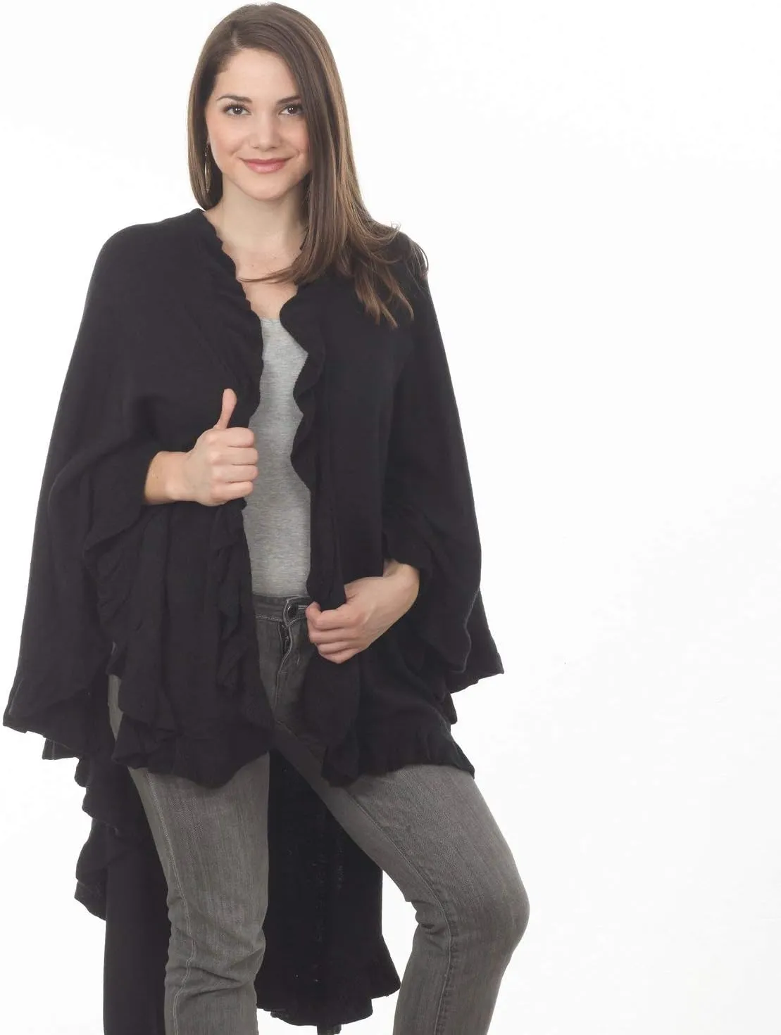 Fennco Styles Women's Ruffle Trim Knit Open Front Poncho Cape Shawl - Fall Wrap Jacket, Cozy and Stylish Layering Piece
