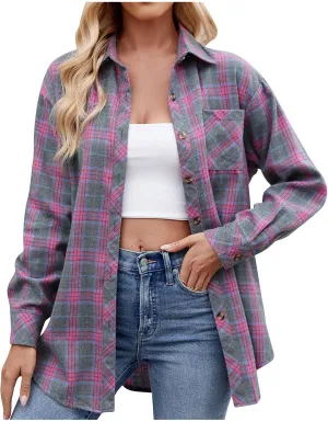Flannel Plaid Shirts for Women Oversized Button Down Lapel Blouse Tops Long Sleeve Loose Casual Jackets with Pockets