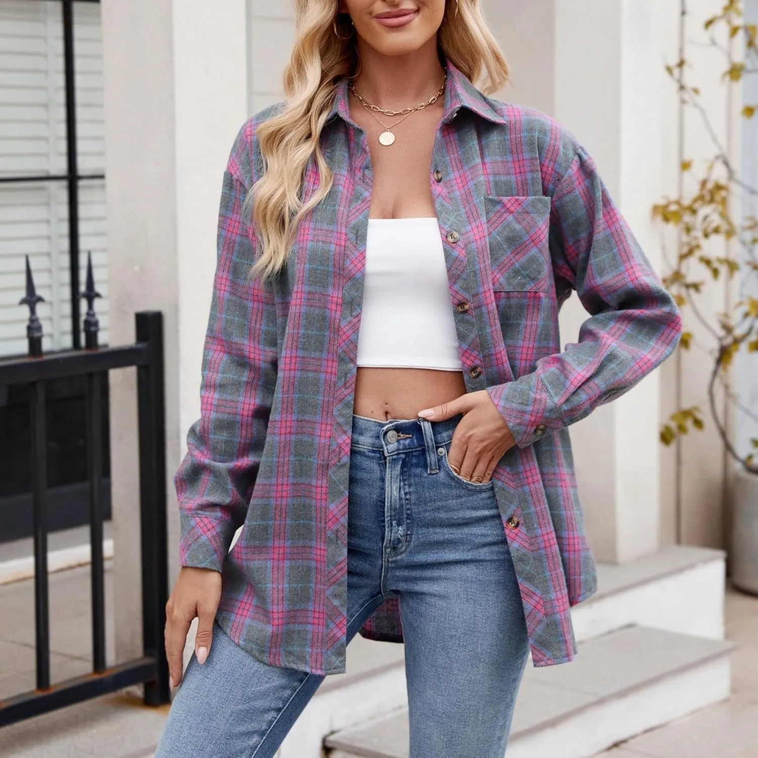 Flannel Plaid Shirts for Women Oversized Button Down Lapel Blouse Tops Long Sleeve Loose Casual Jackets with Pockets