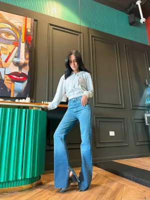 Flared - Medium Blue Wash Split Hem Jeans.