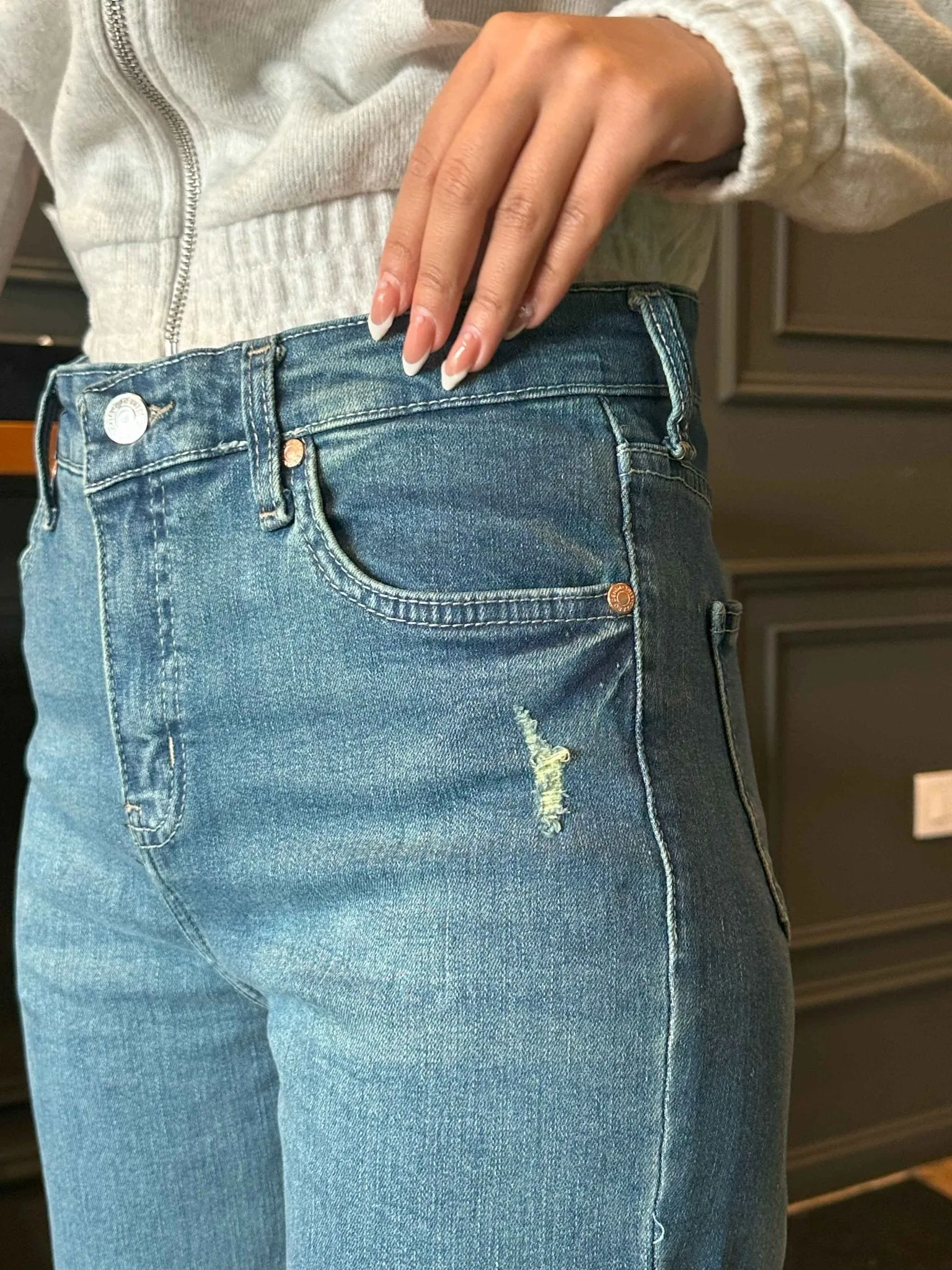 Flared - Medium Blue Wash Split Hem Jeans.