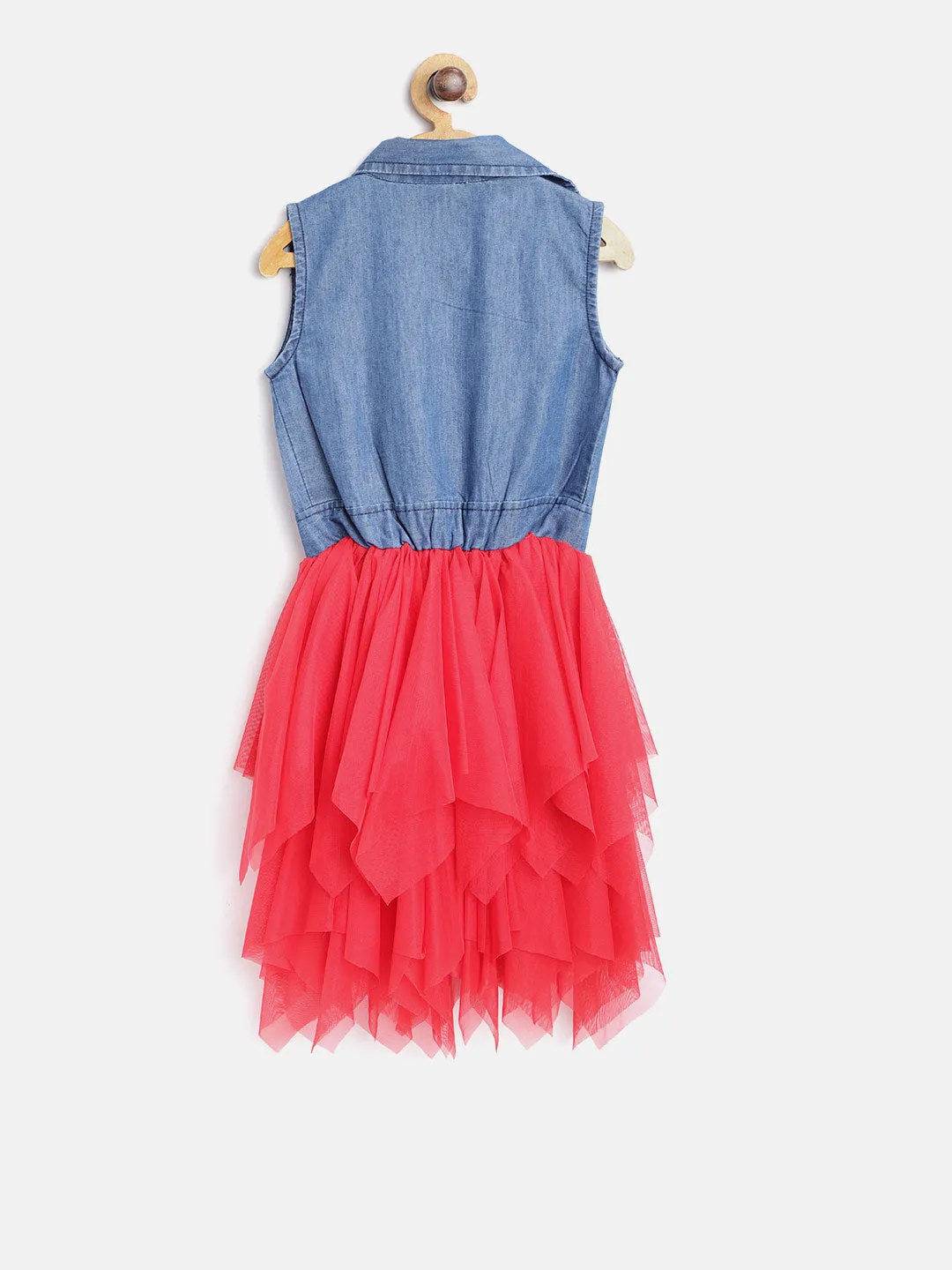 Gilr's Denim And Red Net Dress - StyleStone Kid