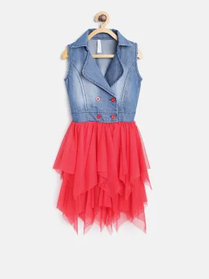Gilr's Denim And Red Net Dress - StyleStone Kid