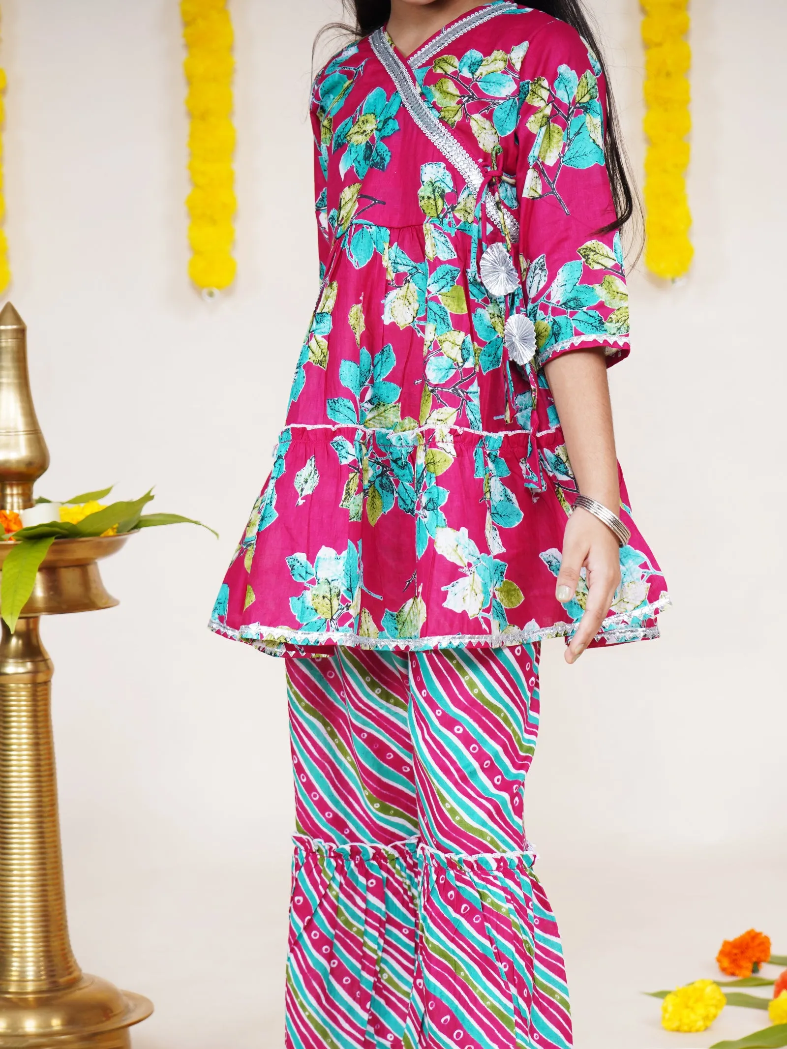Girls Floral Printed Kurta With Geometric Printed Sharara & Potli Set