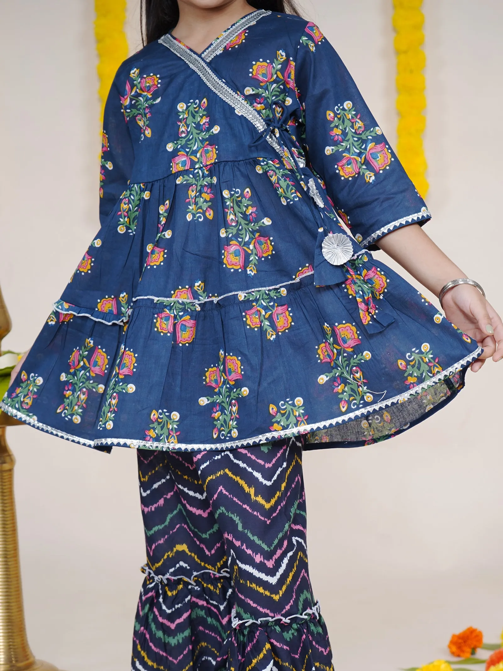 Girls Floral Printed Kurta With Geometric Printed Sharara & Potli Set