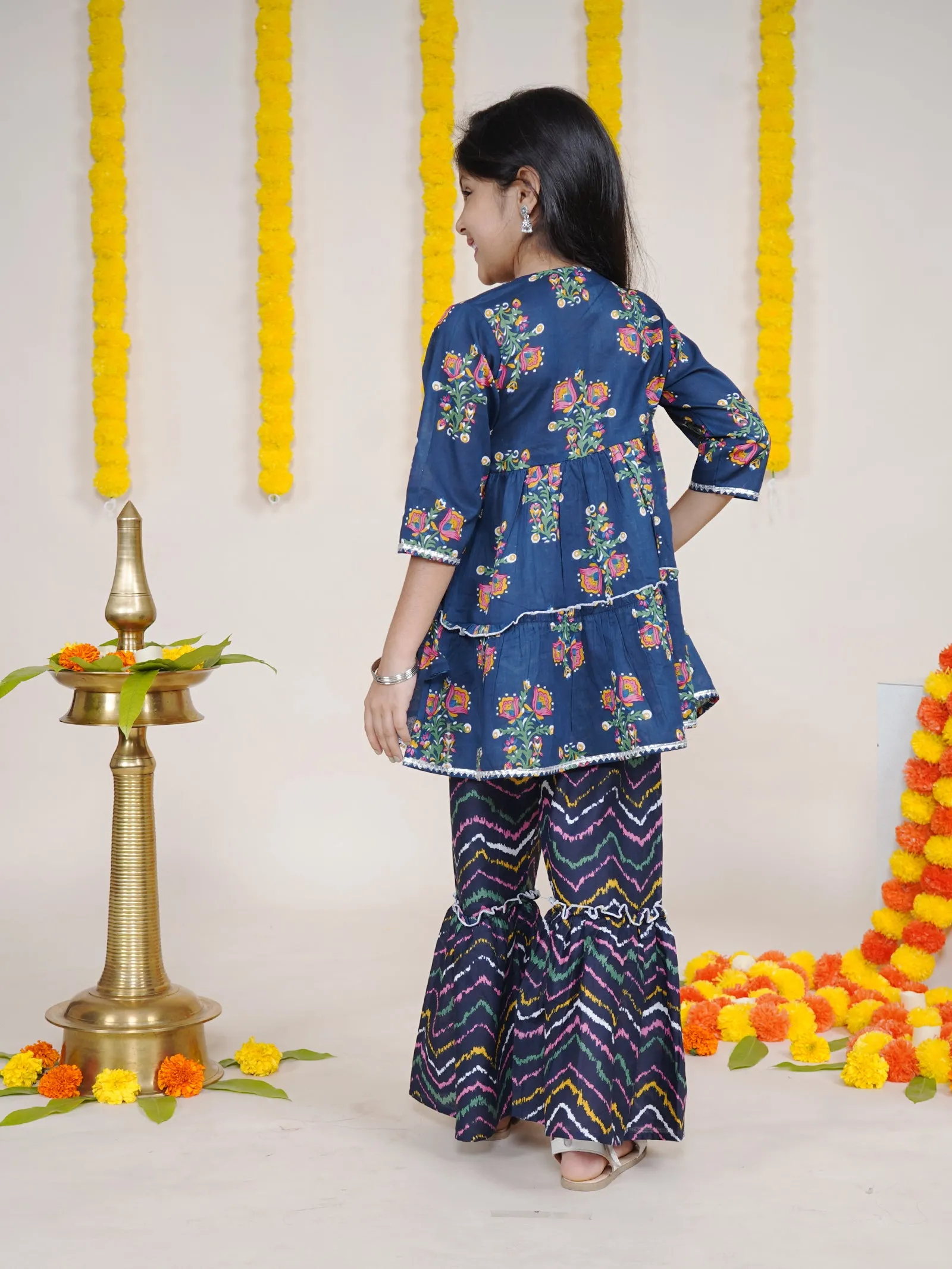 Girls Floral Printed Kurta With Geometric Printed Sharara & Potli Set