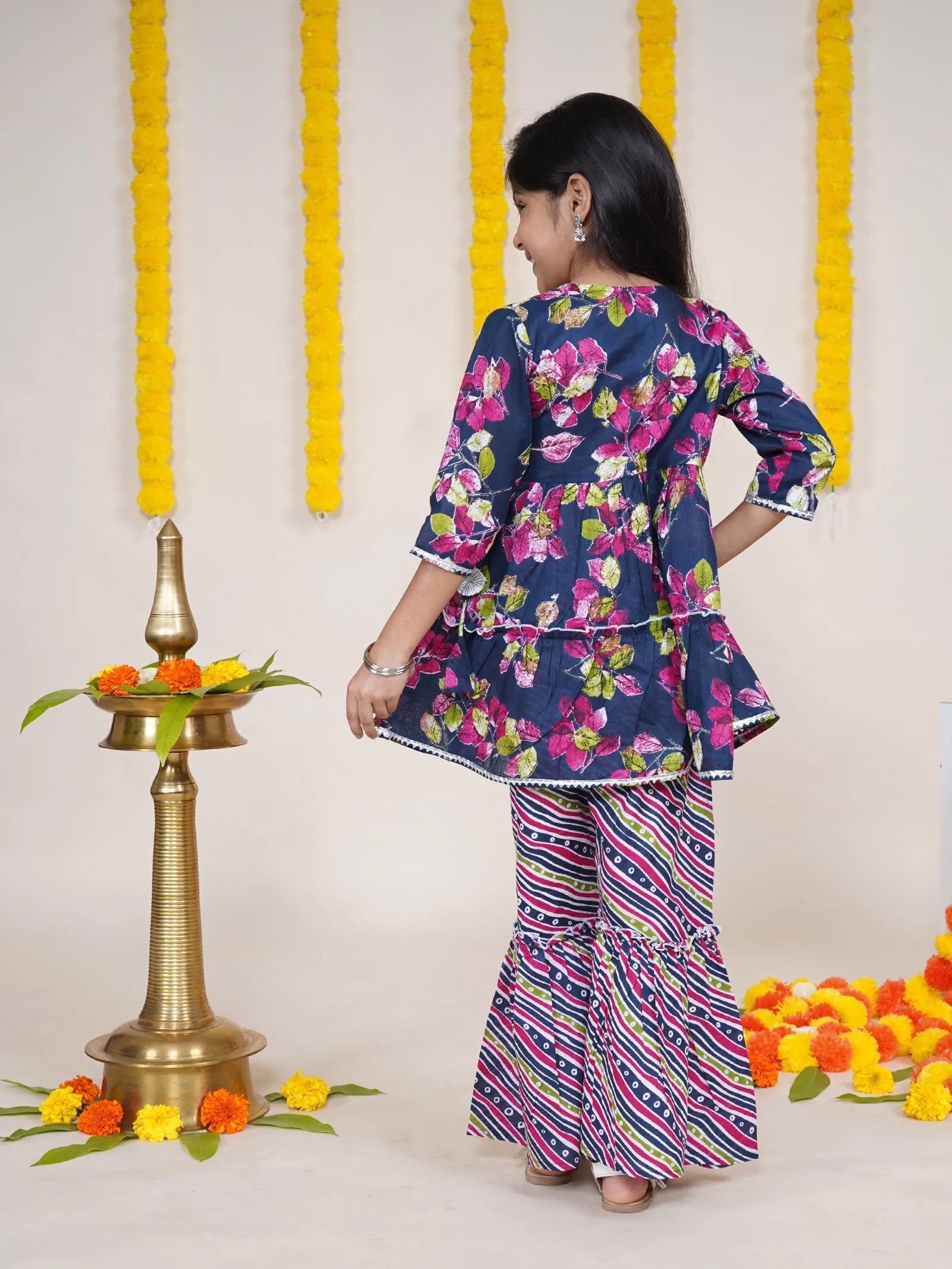Girls Floral Printed Kurta With Geometric Printed Sharara & Potli Set