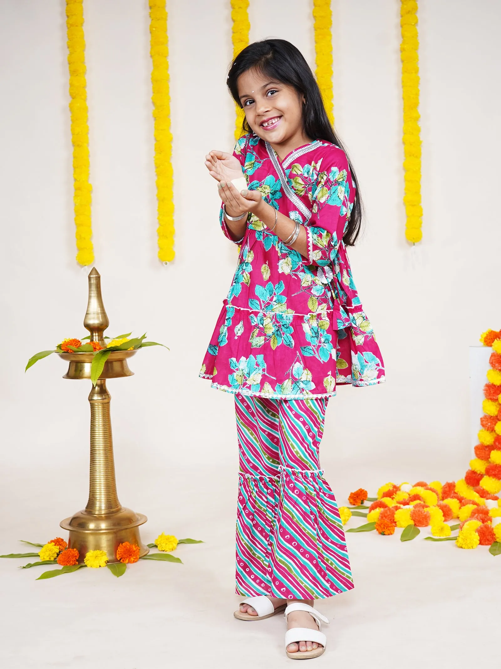 Girls Floral Printed Kurta With Geometric Printed Sharara & Potli Set