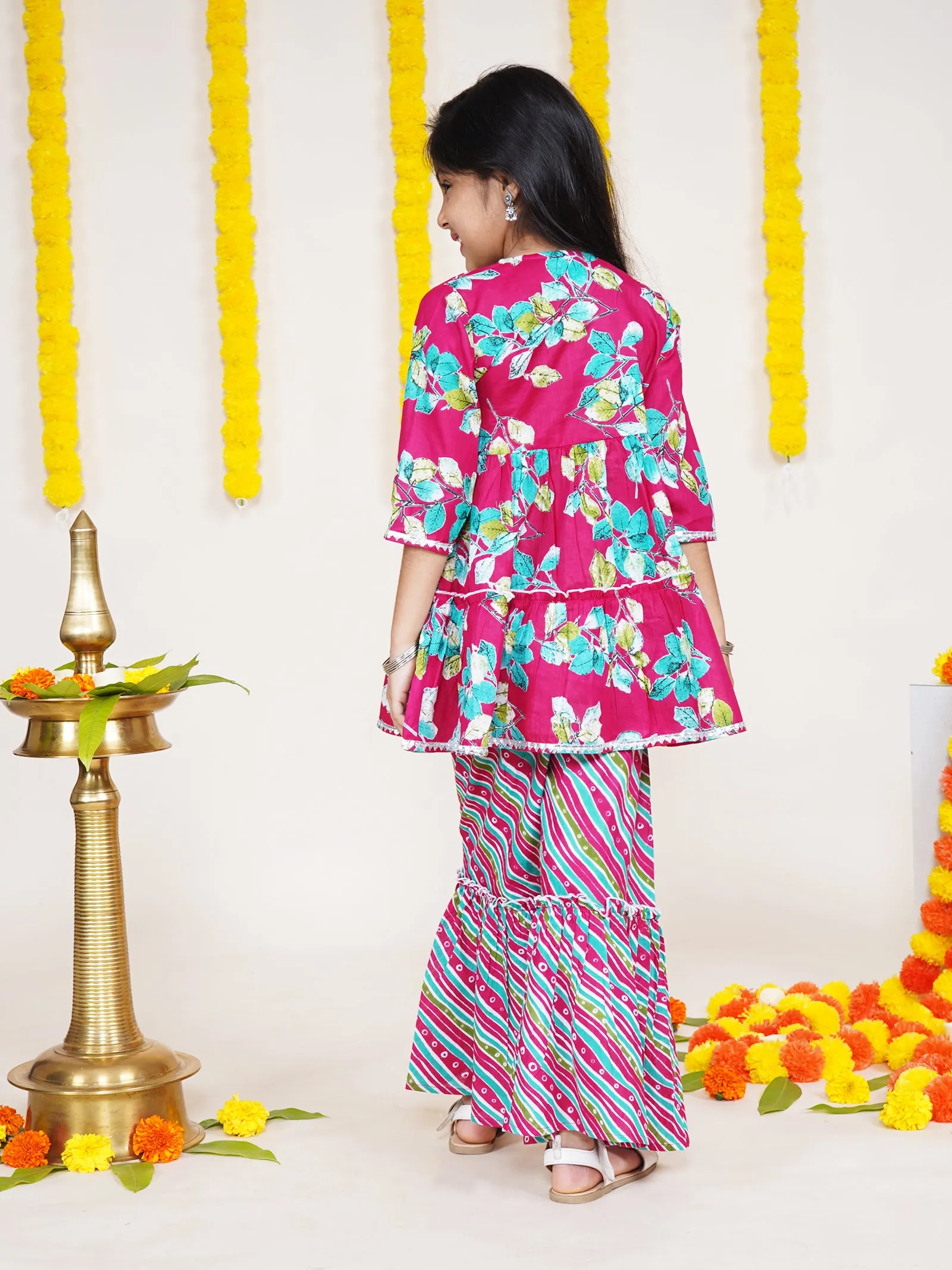 Girls Floral Printed Kurta With Geometric Printed Sharara & Potli Set
