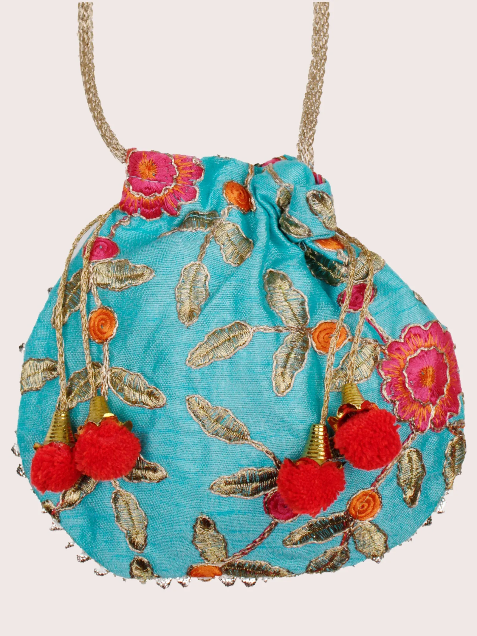 Girls Floral Printed Kurta With Geometric Printed Sharara & Potli Set