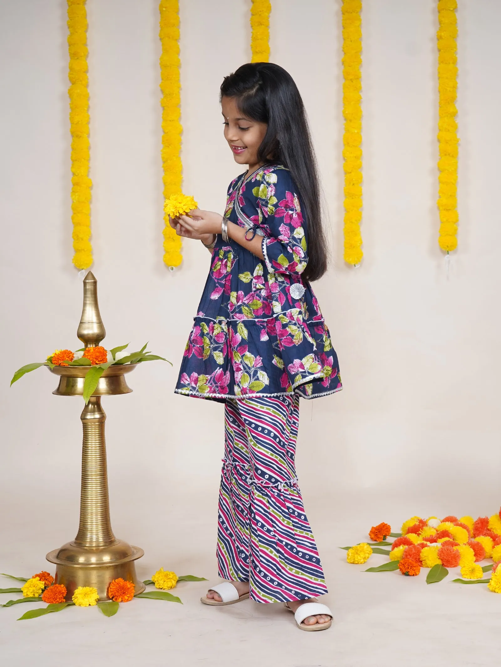 Girls Floral Printed Kurta With Geometric Printed Sharara & Potli Set