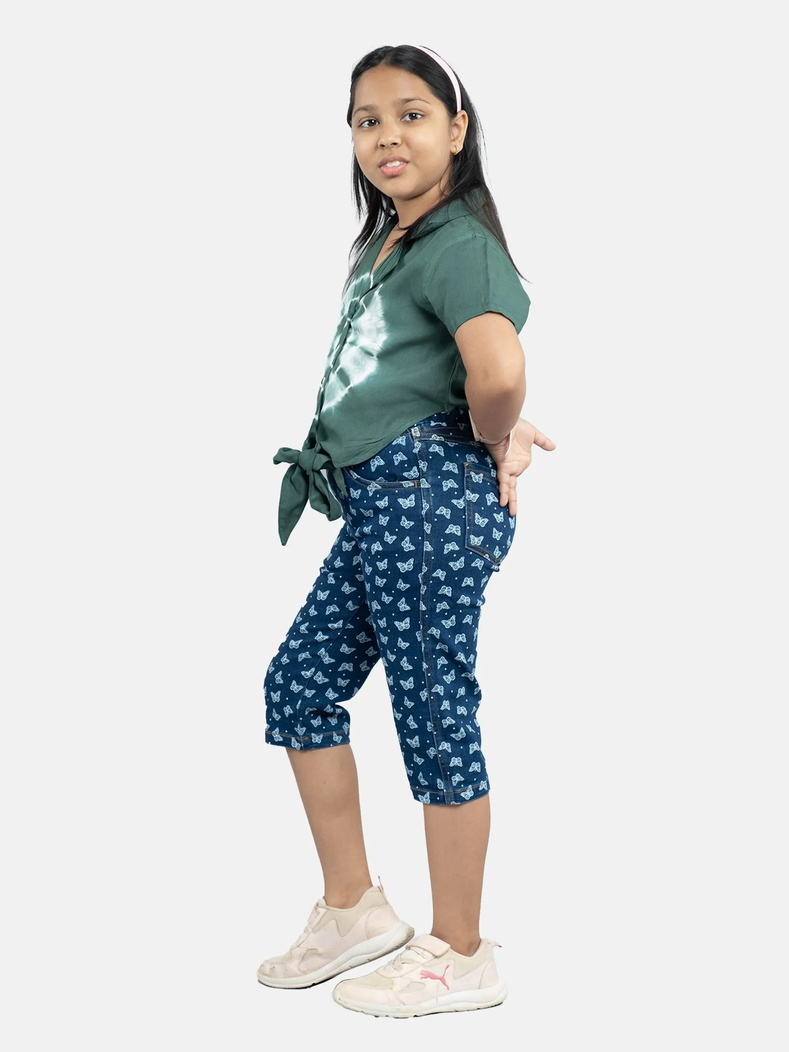 Girls Tie up Shirt Top & Denim Capri Jeggings Sets