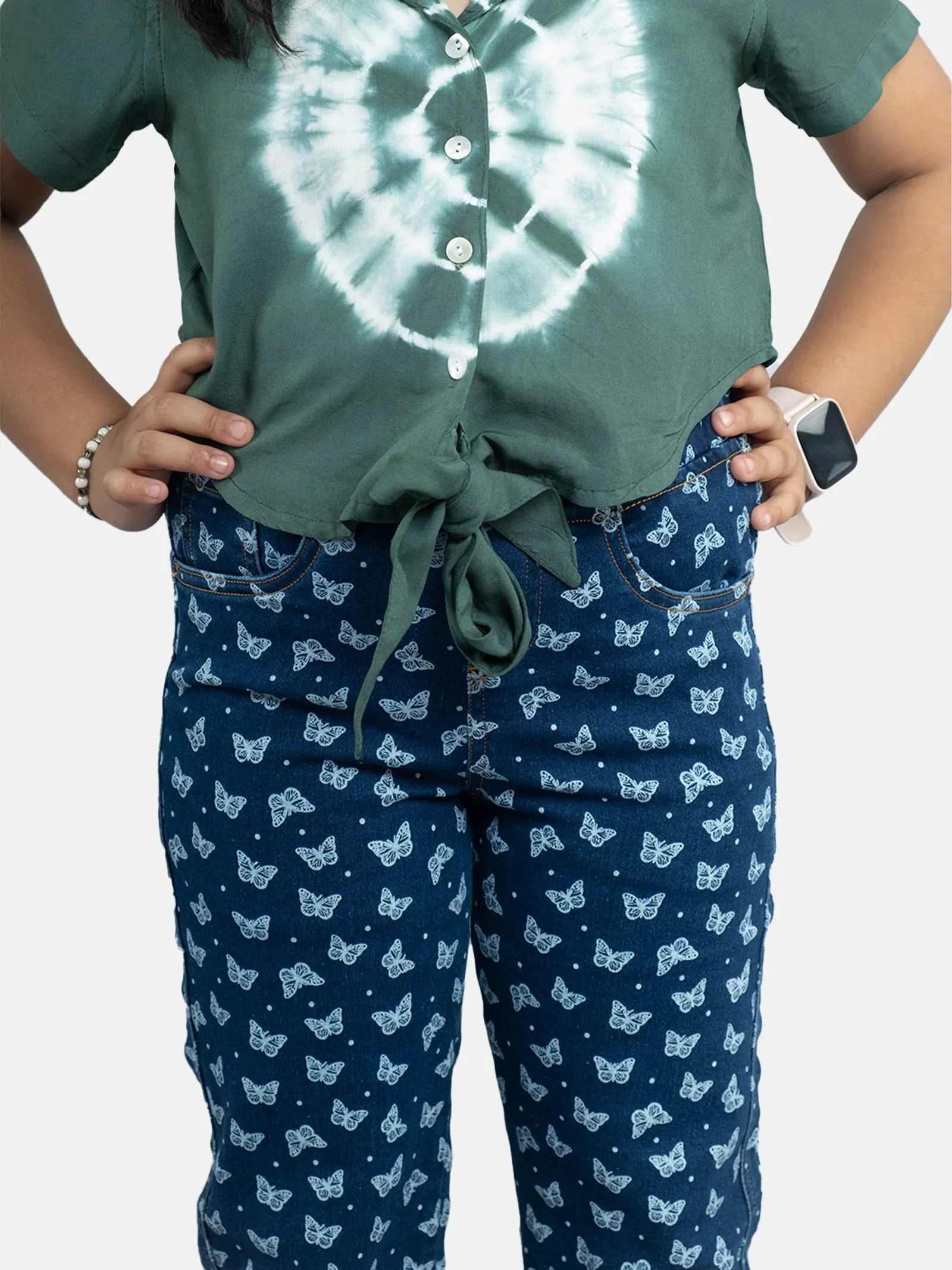 Girls Tie up Shirt Top & Denim Capri Jeggings Sets