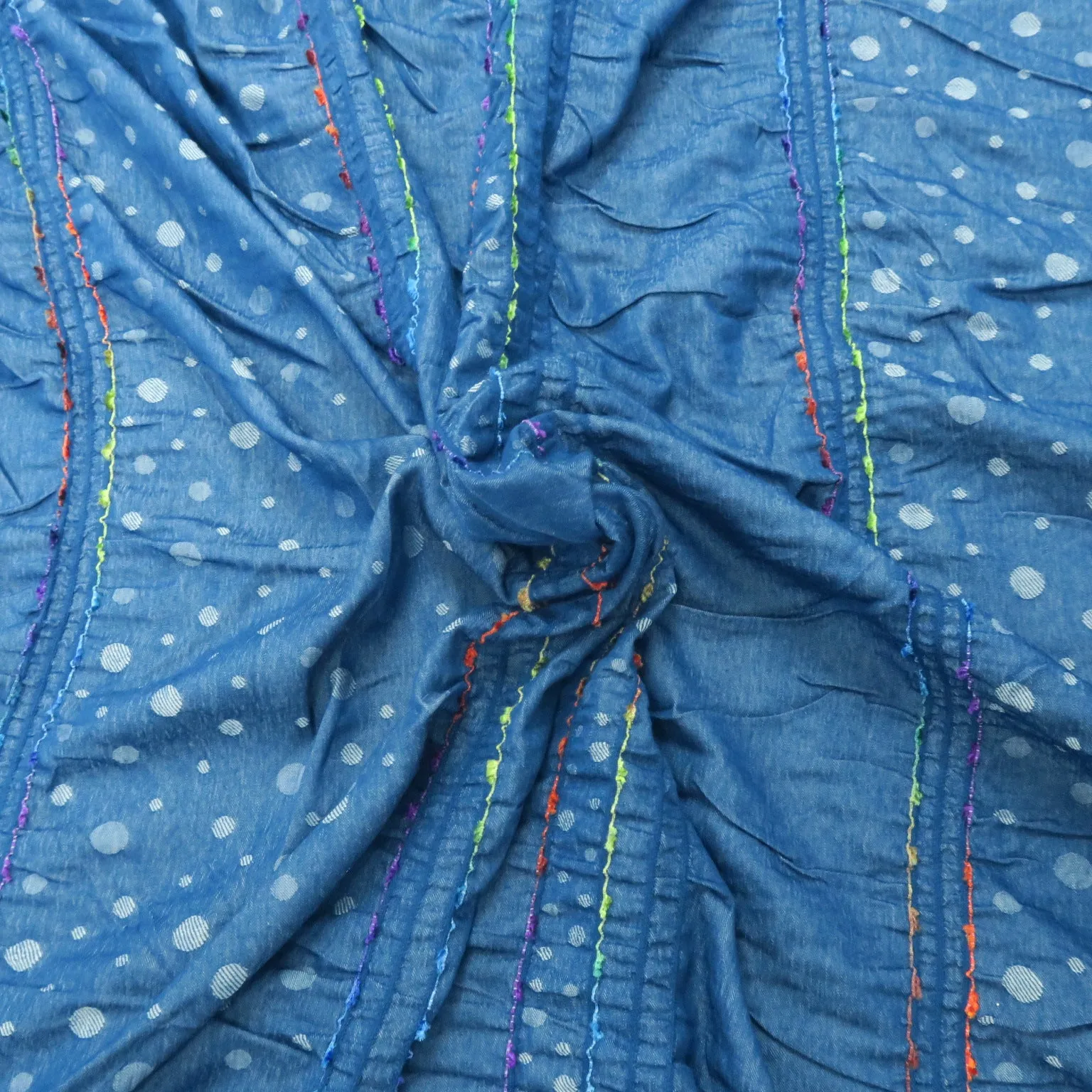 Indigo Blue with Polka Dots Embroidery Cotton Denim Fabric