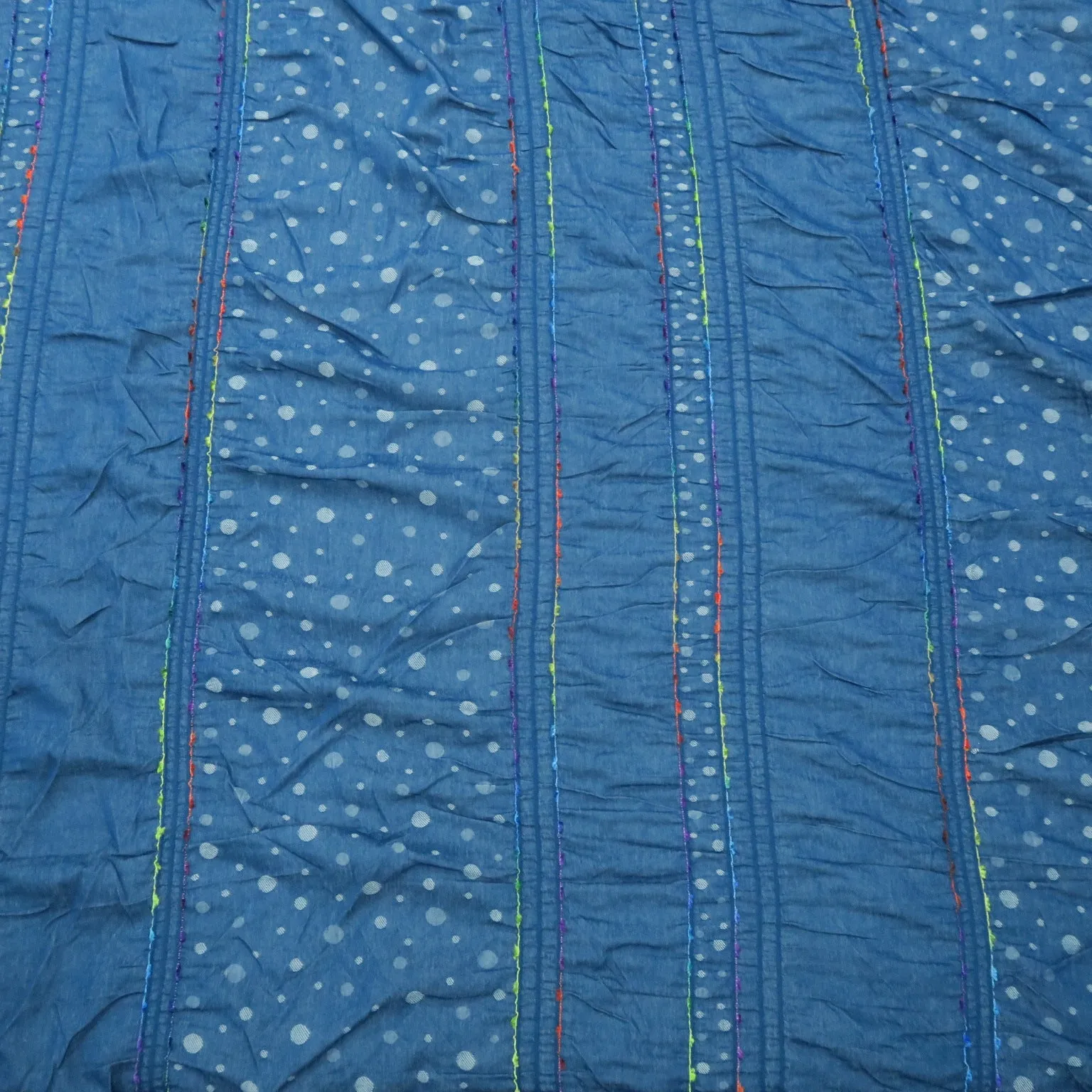Indigo Blue with Polka Dots Embroidery Cotton Denim Fabric