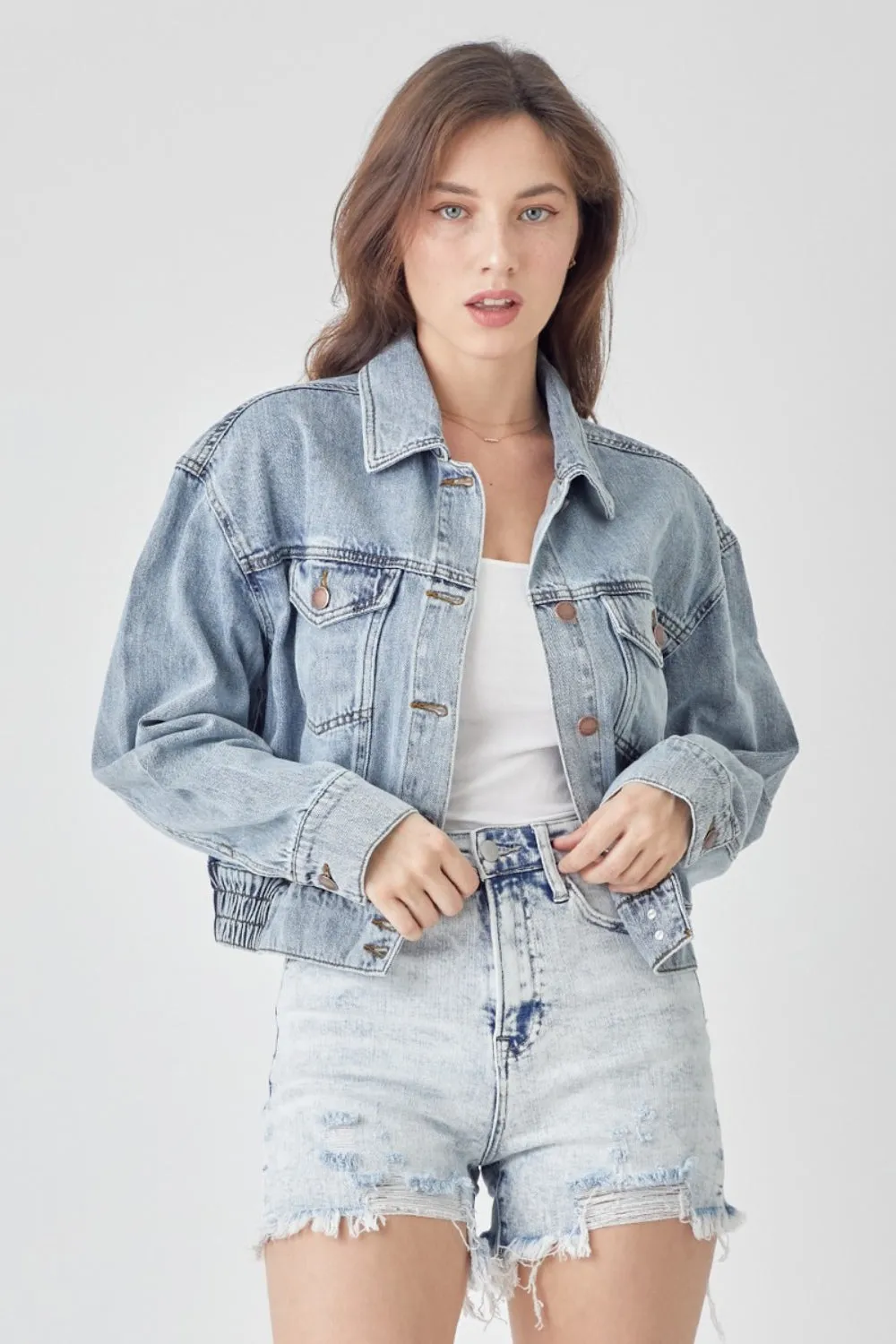 Light Washed Button Down Cropped Denim Jacket
