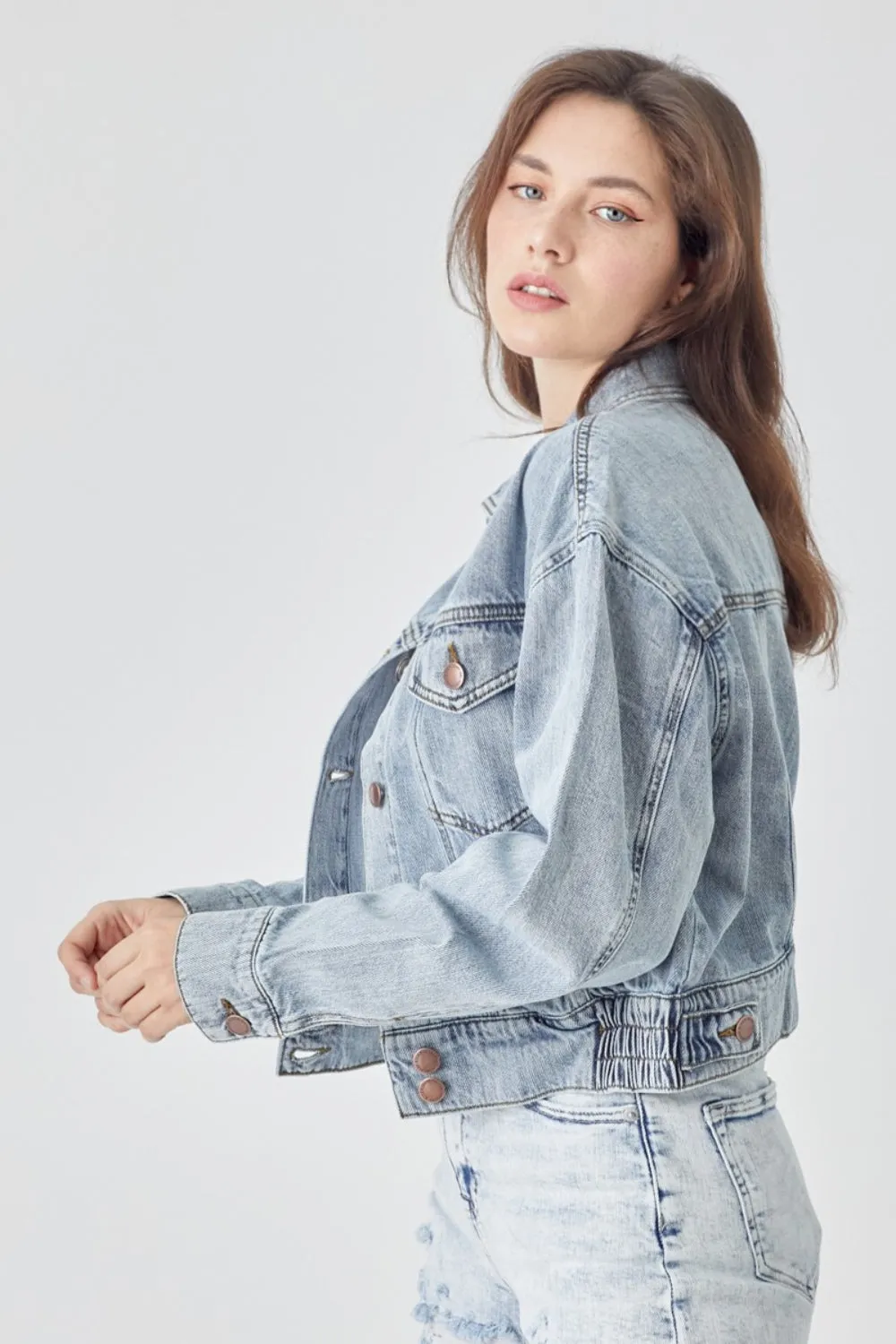 Light Washed Button Down Cropped Denim Jacket