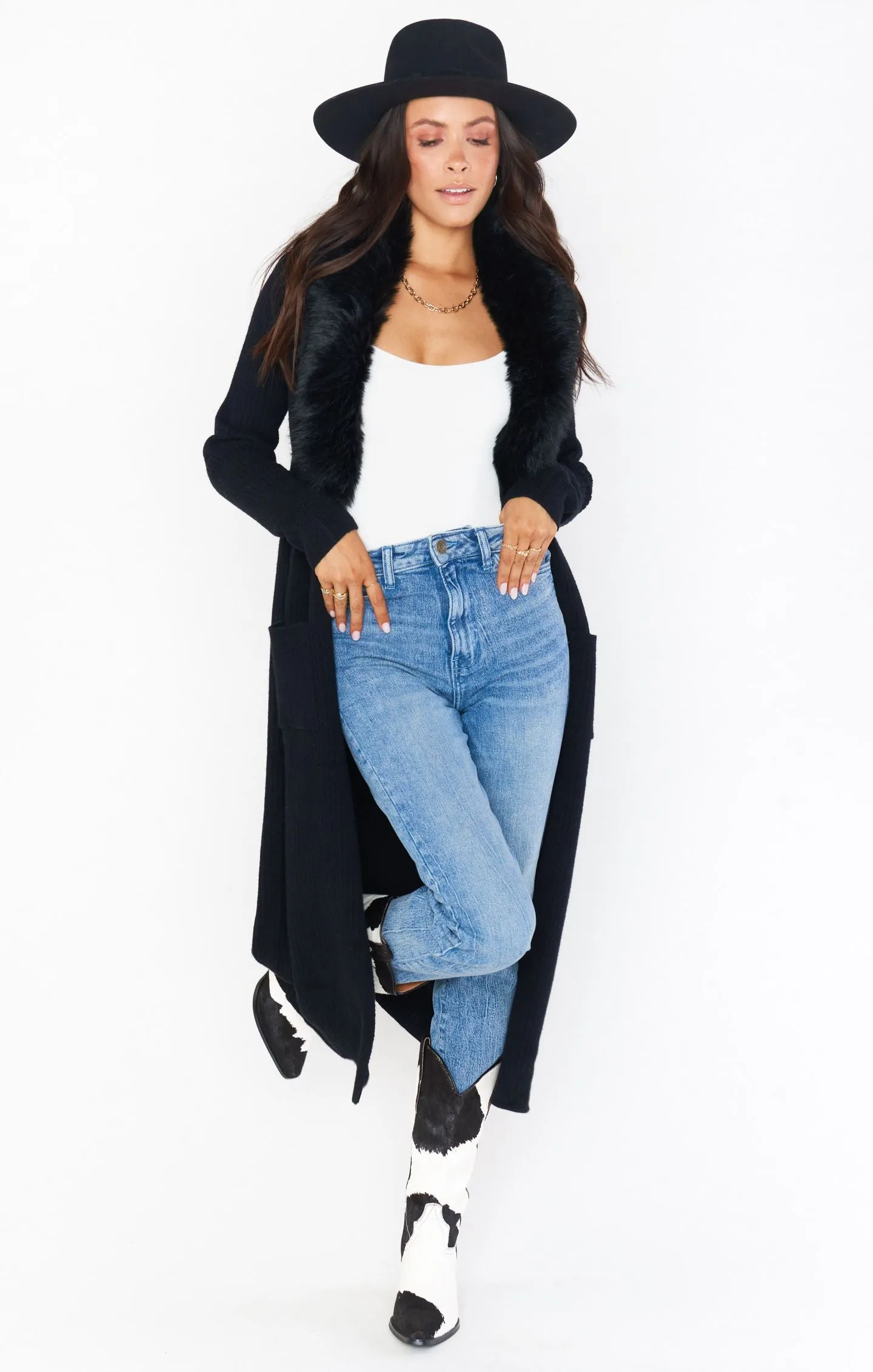 Lombard Long Cardigan | Black Knit with Faux Fur